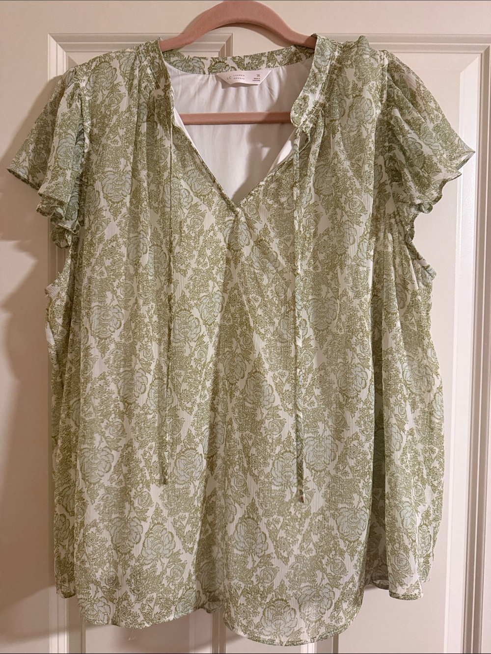 LC Lauren Conrad Sage Green Printed V-Neck Blouse